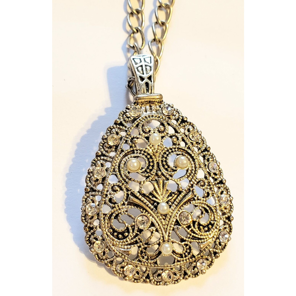 Victorian Style Rhinestone & Faux Pearl Ornate Pendant‎ Long Necklace wh03-11